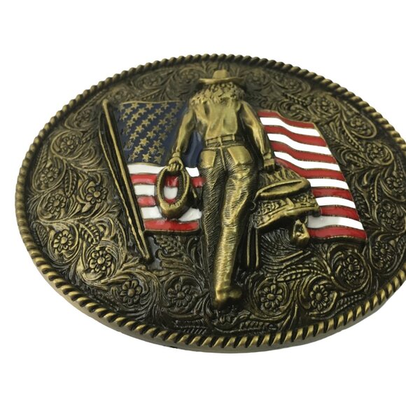 Cowgirl Belt Buckle and USA Flag Brooch Christmas Tin Set Western Buckles Rodeo - Picture 6 of 16